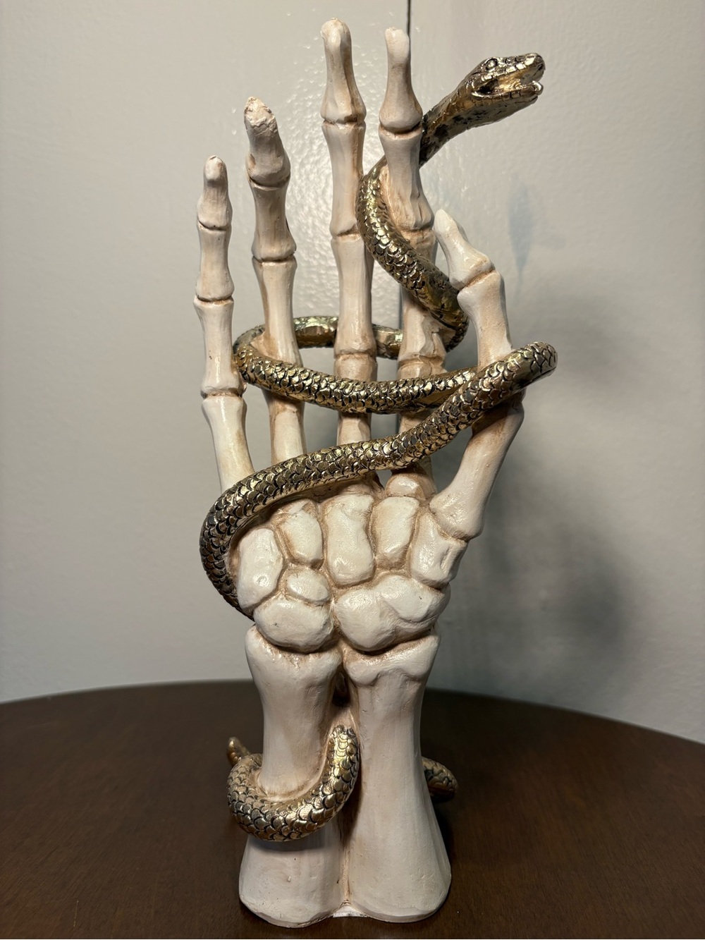 White Skeleton Hand Sculpture with Gold Snake Accent - Home Accents Decor